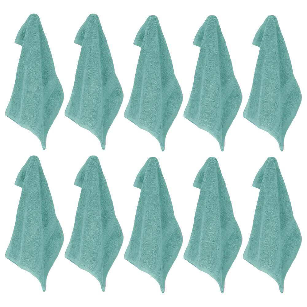 Ten teal-coloured cleaning cloths arranged in two rows
