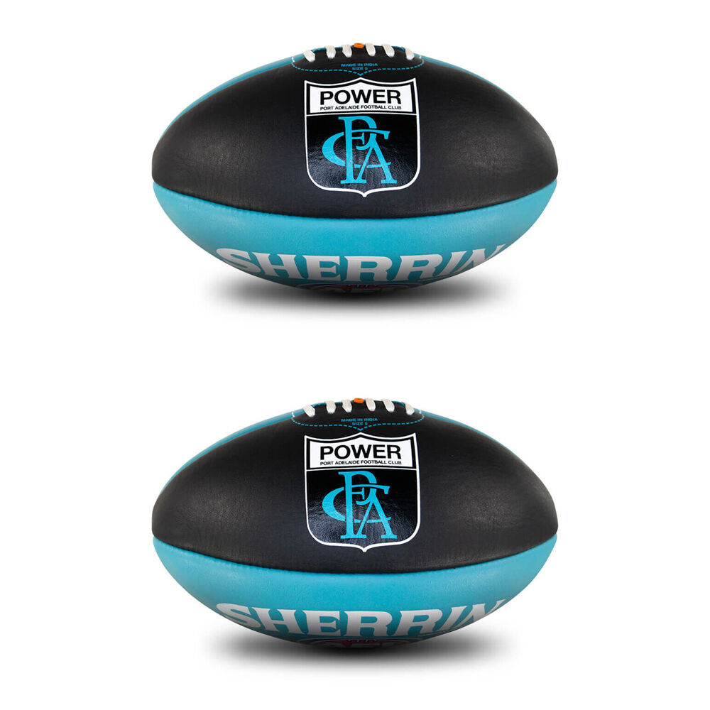 Two AFL footballs with a black and blue colour scheme showing Port Adelaide Power logos
