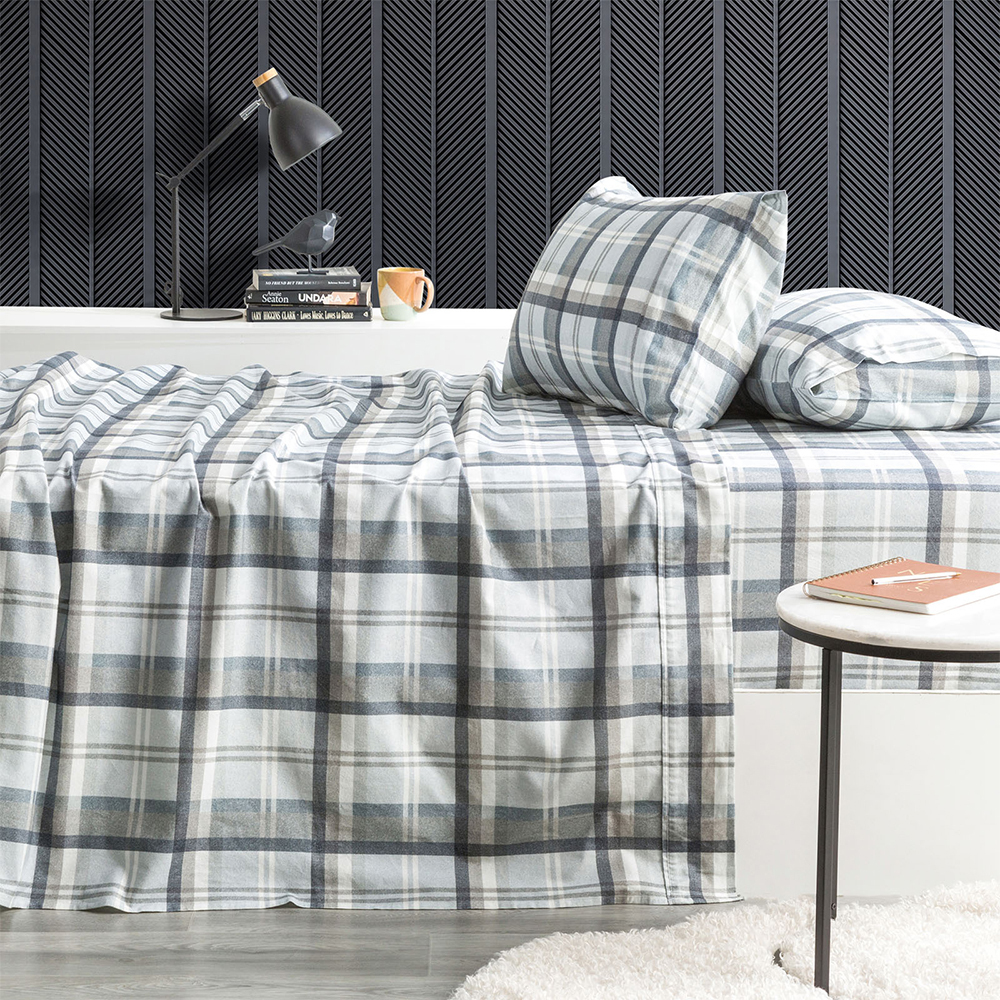 Park Avenue 175GSM Cotton Flannelette Single Fitted Sheet Set Heathered Plaid - Picture 7 of 11