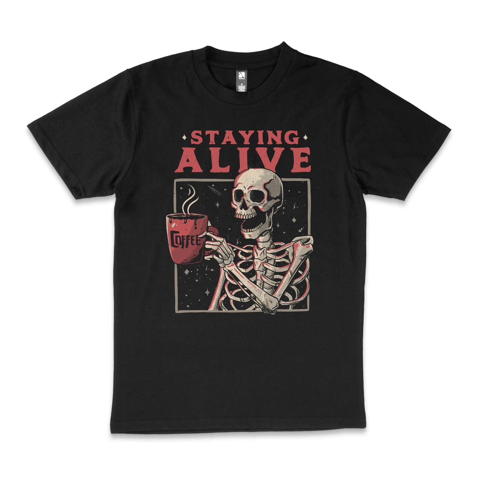 Staying Alive Funny Skeleton Coffee Cotton T-Shirt Unisex Tee Black - Picture 5 of 9