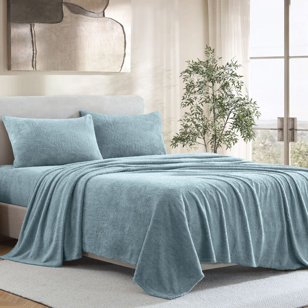 Ardor Boudoir Teddy Fleece Bed Sheet with Pillowcase Bedding Set Sea Mist - Picture 5 of 6