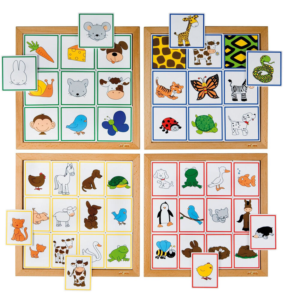 Educational toy for children showing animal matching boards with illustrated animals