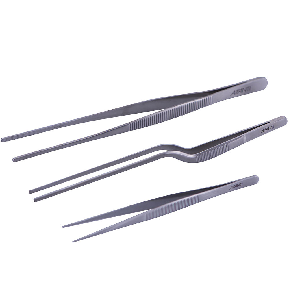 Set of three stainless steel tweezers with textured grips